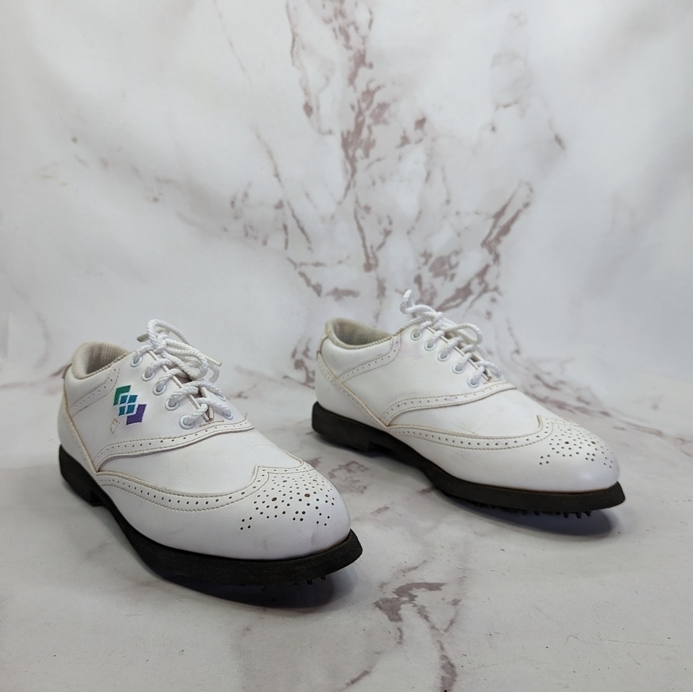 Footjoy Shoe Women 8 M White Vintage Greenjoys Lite Spike Golf Lace Embroidered